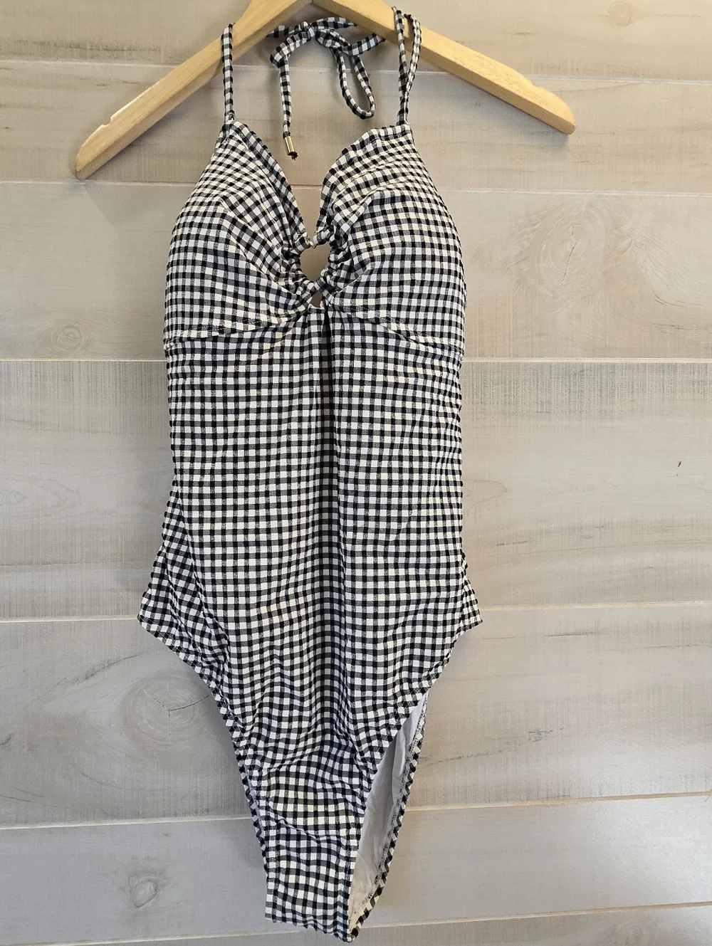 {XL} Betsey Johnson Retro Black Gingham Halter Bandeu Cut Out One Piece Swimsuit